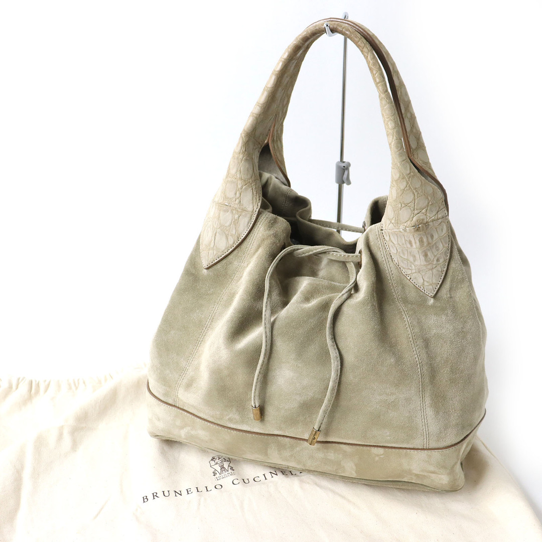 BRUNELLO CUCINELLI(ブルネロクチネリ)の【ドンドン見直し】良品 Brunello Cucinelli ブルネロクチネリ スウェードレザー クロコ型押し ハンドバッグ トートバッグ カーキベージュ系 イタリア製 レディース レディースのバッグ(ハンドバッグ)の商品写真