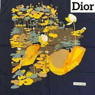 クリスチャンディオール(Christian Dior)の★Christian Dior★ スカーフ 花 蓮 シルク ネイビー イエロー(バンダナ/スカーフ)