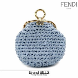 フェンディ(FENDI)の未使用品 フェンディ コインケース 小銭入れ 小物入れ がま口 かぎ編み コットン ブルー系 ゴールド金具(コインケース)