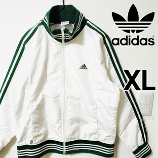 adidas - adidas ホワイト 緑スリーストライプス ナイロンジャケット 立襟 ブルゾン