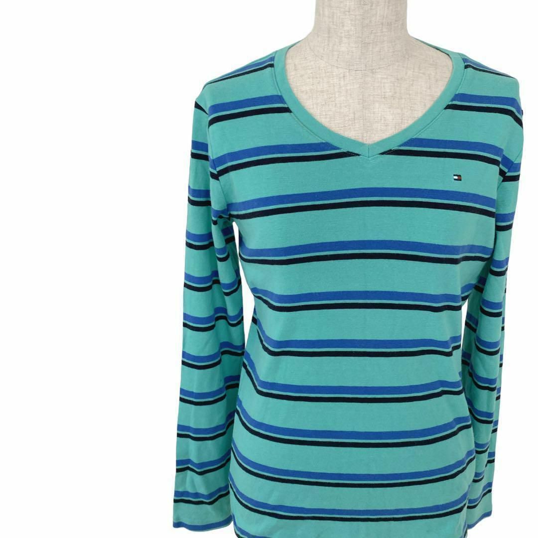 美品✨トミーヒルフィガー S 長袖Tシャツ ロンT ボーダー Vネック 緑 青 レディースのトップス(Tシャツ(長袖/七分))の商品写真