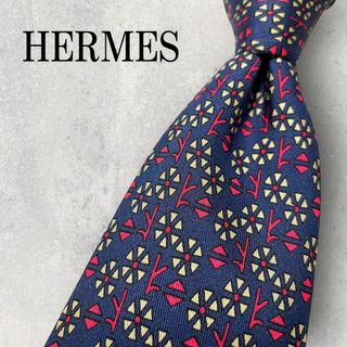 エルメス(Hermes)の美品 HERMES エルメス 花柄 フラワー 木 総柄 ネクタイ ネイビー 紺(ネクタイ)