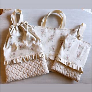 新作✱入園入学セット　レッスンバッグ　上履き入れ　体操服入れ　リボン刺繍　フリル(バッグ/レッスンバッグ)