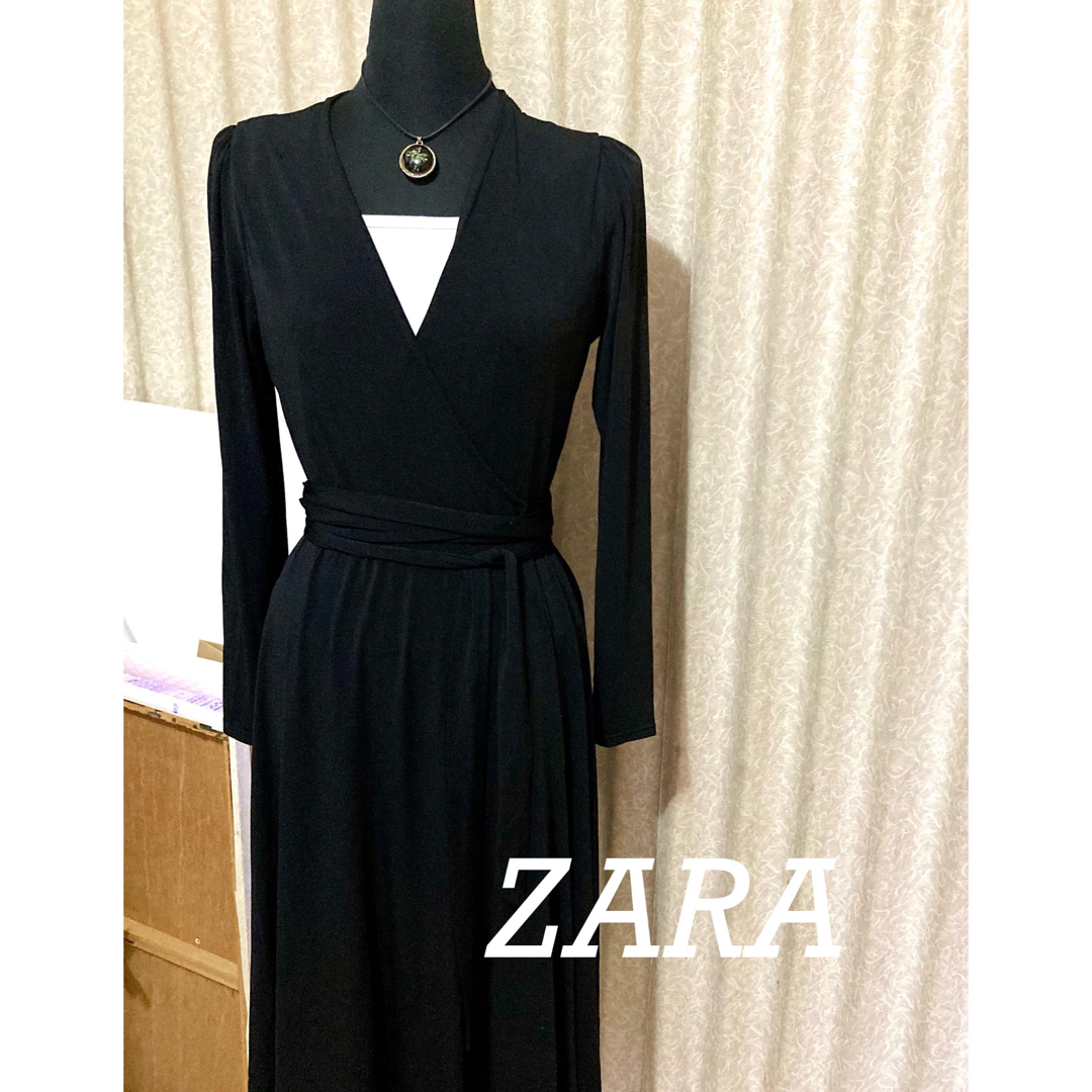 ZARA(ザラ)のワンピース 黒 カシュクール ブラック ストレッチ ZARA長袖  レディースのフォーマル/ドレス(ミディアムドレス)の商品写真