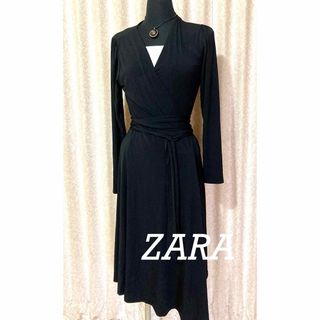 ザラ(ZARA)のワンピース 黒 カシュクール ブラック ストレッチ ZARA長袖 (ミディアムドレス)