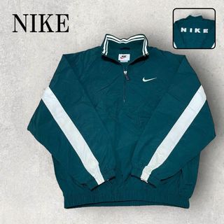 ナイキ(NIKE)の美品 NIKE 白タグ ハーフジップ ナイロンジャケット ビッグロゴ グリーン(ナイロンジャケット)