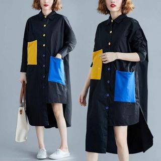 【黒・3XL】半袖シャツワンピース アシンメトリー レディース韓国ファッション(シャツ/ブラウス(長袖/七分))