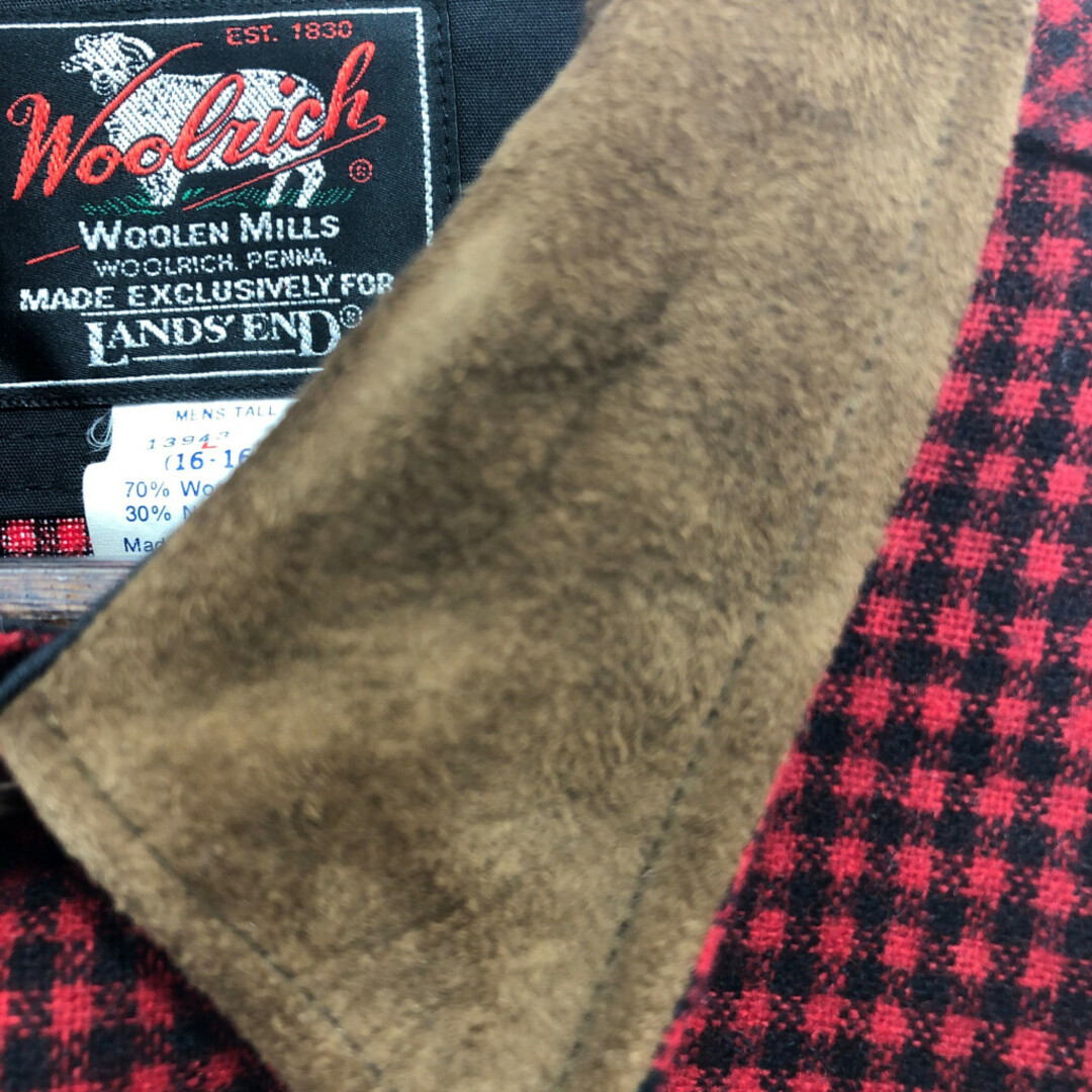 WOOLRICH(ウールリッチ)の80年代 USA製 WOOLRICH ウールリッチ LAND'S END ランズエンド ウールシャツ レザーカラー チェック レッド (メンズ L) 中古 古着 P9853 メンズのトップス(シャツ)の商品写真