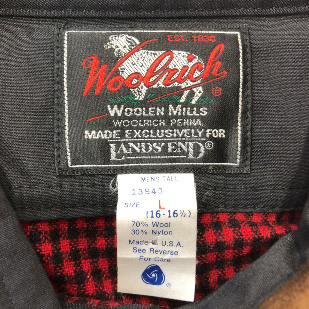 WOOLRICH(ウールリッチ)の80年代 USA製 WOOLRICH ウールリッチ LAND'S END ランズエンド ウールシャツ レザーカラー チェック レッド (メンズ L) 中古 古着 P9853 メンズのトップス(シャツ)の商品写真