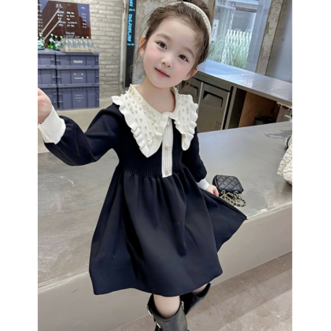 キッズ 110 ビッグカラー パールドット ワンピース フォーマル 綺麗 子供服 キッズ/ベビー/マタニティのキッズ服女の子用(90cm~)(ワンピース)の商品写真