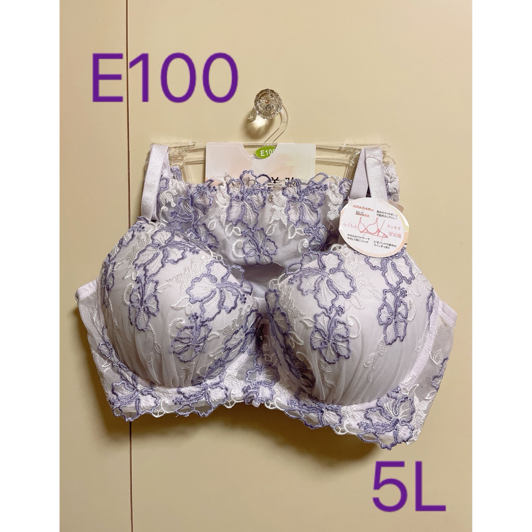 ブラジャー＆ショーツ E100 5L 白×紫系 レディースの下着/アンダーウェア(ブラ&ショーツセット)の商品写真