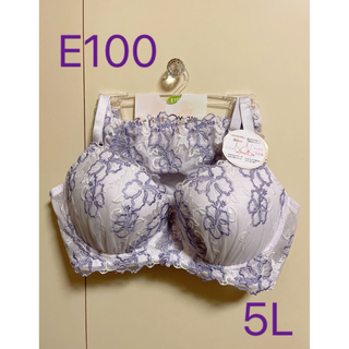 ブラジャー＆ショーツ E100 5L 白×紫系(ブラ&ショーツセット)