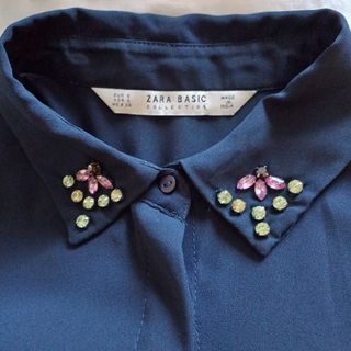 ザラ(ZARA)の値下げしました　ザラ　ZARA　長袖ブラウス　トップス　アウター　Mサイズ　紺色(シャツ/ブラウス(長袖/七分))