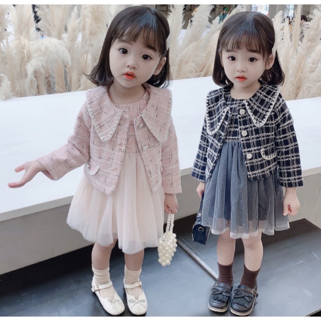 ツイードチュールワンピース　120cm ブラック　フォーマル　おでかけ　かわいい キッズ/ベビー/マタニティのキッズ服女の子用(90cm~)(ワンピース)の商品写真