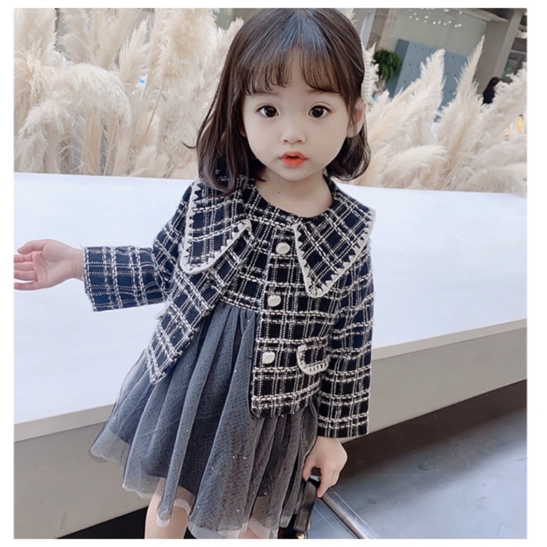 ツイードチュールワンピース　120cm ブラック　フォーマル　おでかけ　かわいい キッズ/ベビー/マタニティのキッズ服女の子用(90cm~)(ワンピース)の商品写真