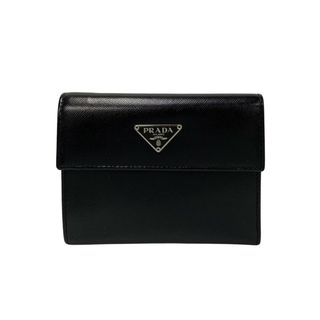 プラダ(PRADA)のほぼ未使用 カード付 PRADA プラダ 三角ロゴ 金具 サフィアーノ レザー 本革 二つ折り 財布 折り財布 ミニ ウォレット ブラック 80257(財布)