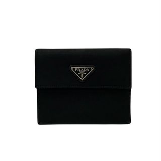 プラダ(PRADA)の極 美品 カード付 PRADA プラダ 三角ロゴ 金具 ナイロン サフィアーノ レザー 二つ折り 財布 折り財布 ミニ ウォレット ブラック 22203(財布)