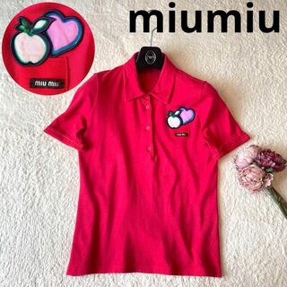 ミュウミュウ(miumiu)のmiumiu ミュウミュウ ワッペン ロゴポロシャツ 赤 レース コットン(ポロシャツ)