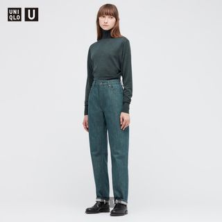 ユニクロ(UNIQLO)のグリーン　デニム　ハイウエスト　ストレート　古着(デニム/ジーンズ)