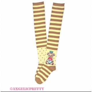 アンジェリックプリティー(Angelic Pretty)の【新品未使用】Honey Cakeボーダーオーバーニー ブラウン×イエロー(ソックス)