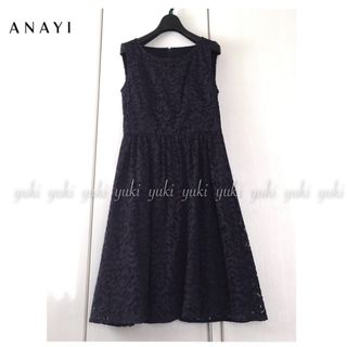 アナイ(ANAYI)の【新品タグ付き】ANAYI レースフレアワンピース ネイビー(ひざ丈ワンピース)