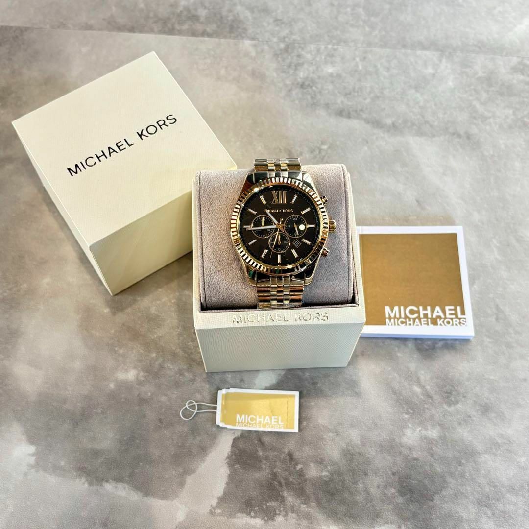 Michael Kors(マイケルコース)のMICHAEL KORS マイケルコース メンズ腕時計 黒ゴールド クロノグラフ メンズの時計(腕時計(アナログ))の商品写真