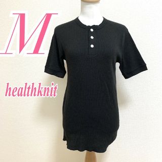 ヘルスニット(Healthknit)のヘルスニット　半袖カットソー　M　ブラック　ボタン　ヘンリーネック　綿　ポリ(カットソー(半袖/袖なし))