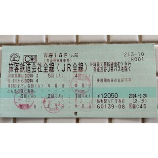 青春18切符　青春18きっぷ　1回分　返却不要(鉄道乗車券)