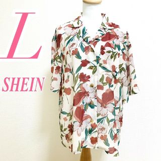 シーイン(SHEIN)のシーイン　半袖シャツ　L　ベージュ　レッド　グリーン　花柄　派手　ポリ100%(シャツ/ブラウス(半袖/袖なし))