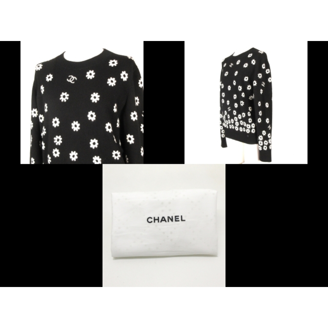 CHANEL(シャネル)のCHANEL(シャネル) 長袖セーター サイズ40 M レディース - P72453 黒×白 2022年春夏プレコレクション/デイジーフラワー(花)/カシミヤ混/クルーネック/ライオンボタン カシミヤ、ポリエステル、ポリウレタン レディースのトップス(ニット/セーター)の商品写真