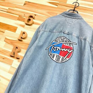 【トミーヒルフィガー】レトロ サークル ロゴ デニム 長袖シャツ XL 青×白