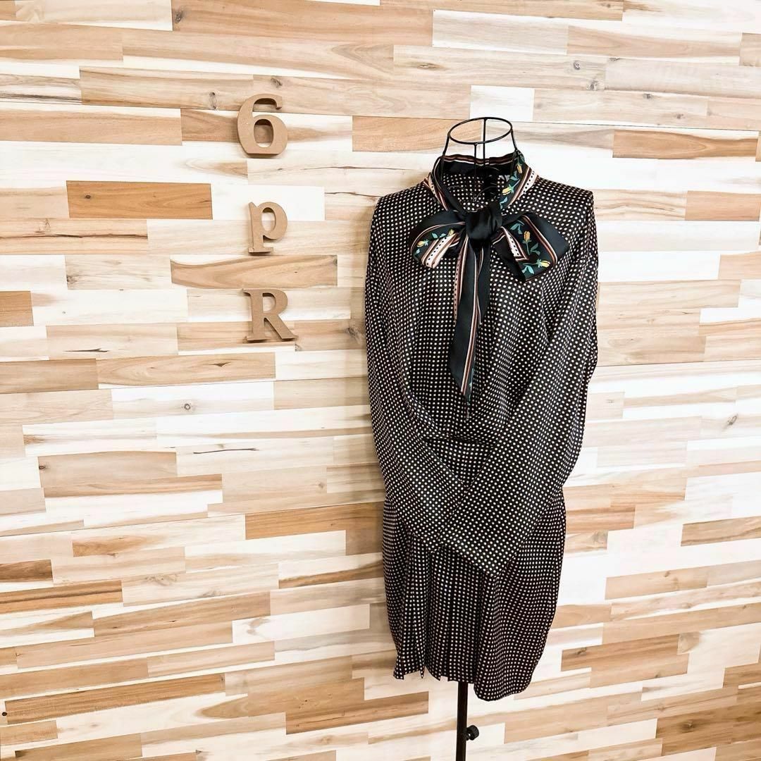 【ザラ】ZARA 水玉 ドット 総柄 スカーフ襟 ワンピース L 黒×ベージュ 【ザラ】ZARA 水玉 ドット 総柄 スカーフ襟 ワンピース L 黒×ベージュ