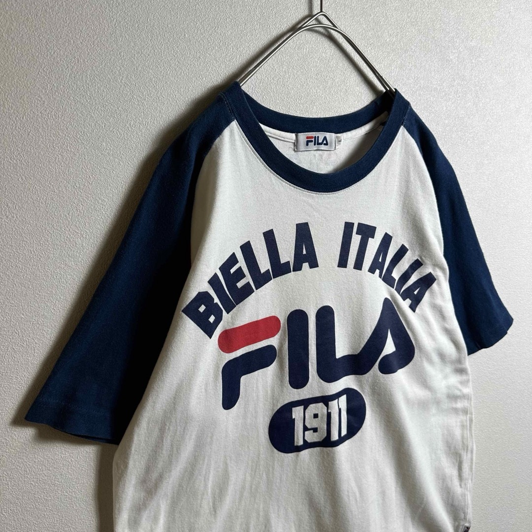 FILA(フィラ)の【3点1万円】フィラ　ラグランTシャツ　Lサイズ　半袖　ロゴプリントホワイト白紺 メンズのトップス(Tシャツ/カットソー(半袖/袖なし))の商品写真