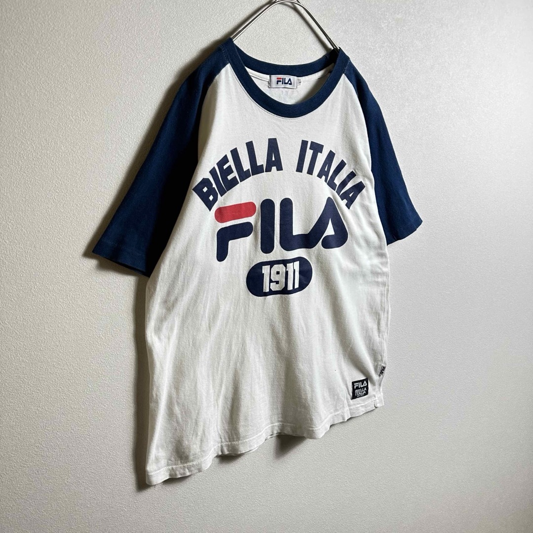 FILA(フィラ)の【3点1万円】フィラ　ラグランTシャツ　Lサイズ　半袖　ロゴプリントホワイト白紺 メンズのトップス(Tシャツ/カットソー(半袖/袖なし))の商品写真