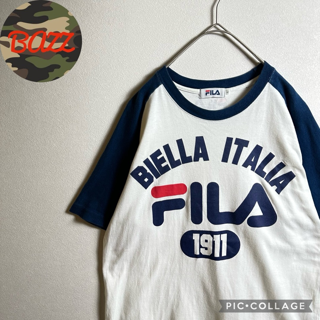 FILA(フィラ)の【3点1万円】フィラ　ラグランTシャツ　Lサイズ　半袖　ロゴプリントホワイト白紺 メンズのトップス(Tシャツ/カットソー(半袖/袖なし))の商品写真