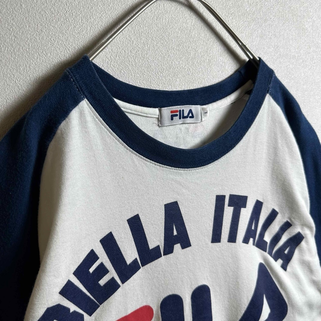 FILA(フィラ)の【3点1万円】フィラ　ラグランTシャツ　Lサイズ　半袖　ロゴプリントホワイト白紺 メンズのトップス(Tシャツ/カットソー(半袖/袖なし))の商品写真