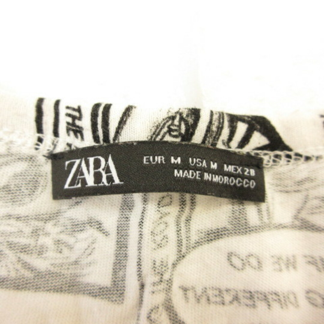 ZARA(ザラ)のザラ ZARA カットソー Tシャツ 半袖 総柄 プリント 白 黒 M レディースのトップス(Tシャツ(半袖/袖なし))の商品写真