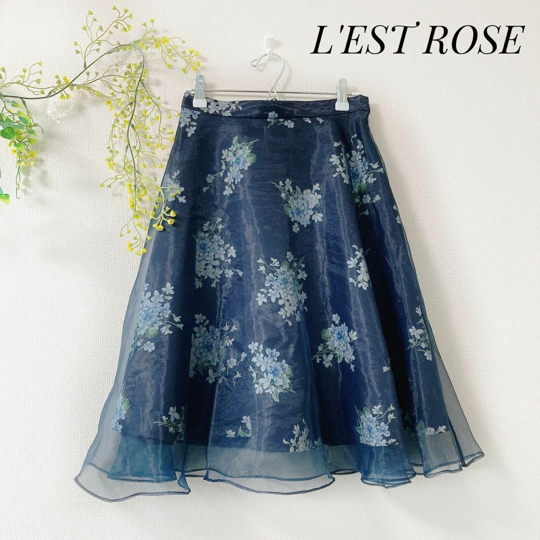 L'EST ROSE(レストローズ)のL'EST ROSE オーガンジー シフォン 裏地付 花柄 スカート ネイビー レディースのスカート(ひざ丈スカート)の商品写真