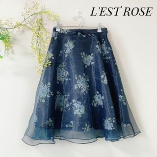 レストローズ(L'EST ROSE)のL'EST ROSE オーガンジー シフォン 裏地付 花柄 スカート ネイビー(ひざ丈スカート)