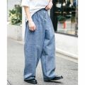 【ブルー(ケミカル)】【L】ケミカルウォッシュ・オーバーダイ2タックワイドデニムパンツ