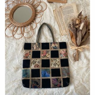 サンタモニカ(Santa Monica)のvintageヴィンテージベルベットゴブラン花柄パッチワーク刺繍バッグ(ハンドバッグ)