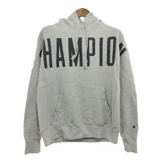 チャンピオン(Champion)のChampion チャンピオン リバースウィーブ ロゴ スウェット パーカー 大判プリント グレー (メンズ M) 中古 古着 Q0147(パーカー)