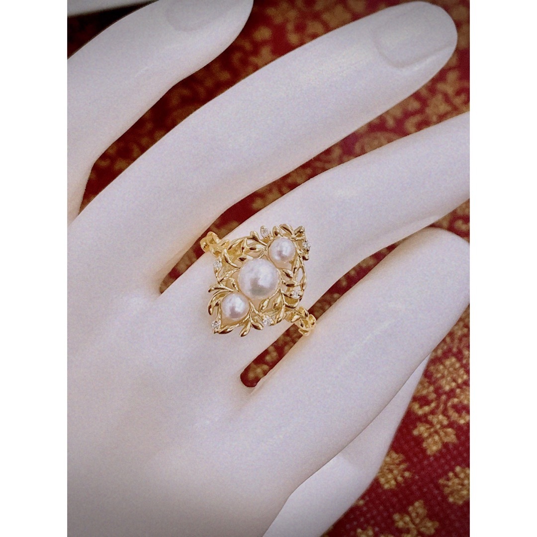 [新品]K18YGイエローゴールド真珠天然ダイヤモンドakoyaパールリング指輪 レディースのアクセサリー(リング(指輪))の商品写真