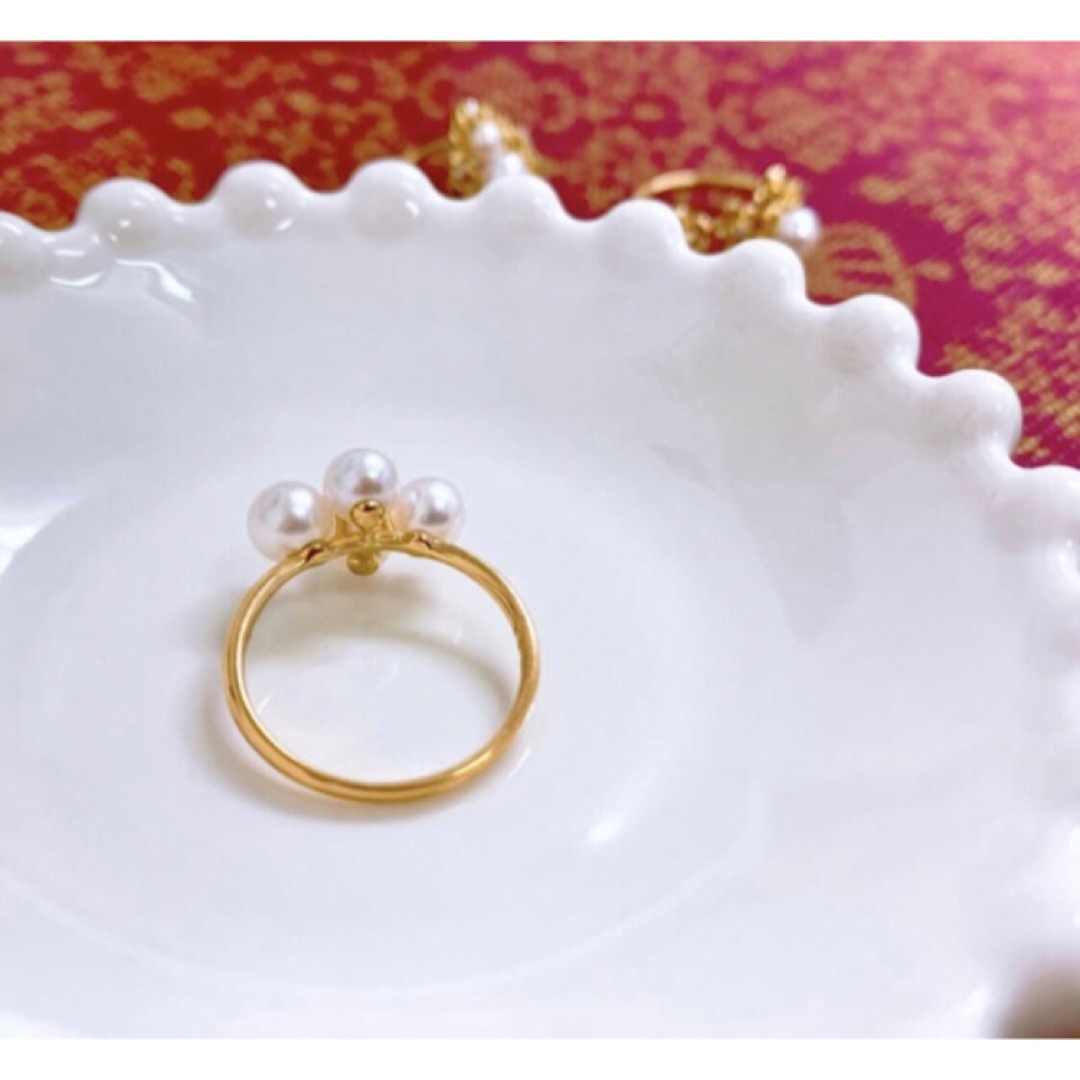 [新品]K18YGイエローゴールド天然akoyaパールダイヤモンドリング指輪 レディースのアクセサリー(リング(指輪))の商品写真