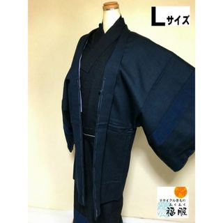 【中古】 羽織 リメイク男物 ウール 濃紺地に格子文様 袖継ぎ 裄73 Lサイズ 福服特製 (着物)