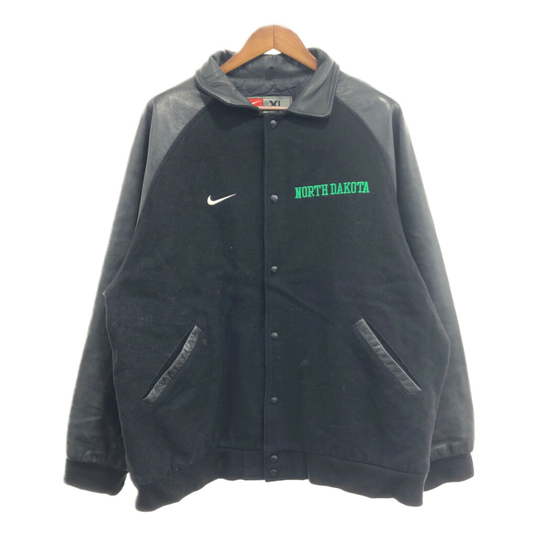 NIKE(ナイキ)の2000年代～ NIKE ナイキ NORTH DAKOTA ウール レザー スタジアム ジャケット アウター スポーツ ブラック (メンズ XL) 中古 古着 Q0233 メンズのジャケット/アウター(その他)の商品写真