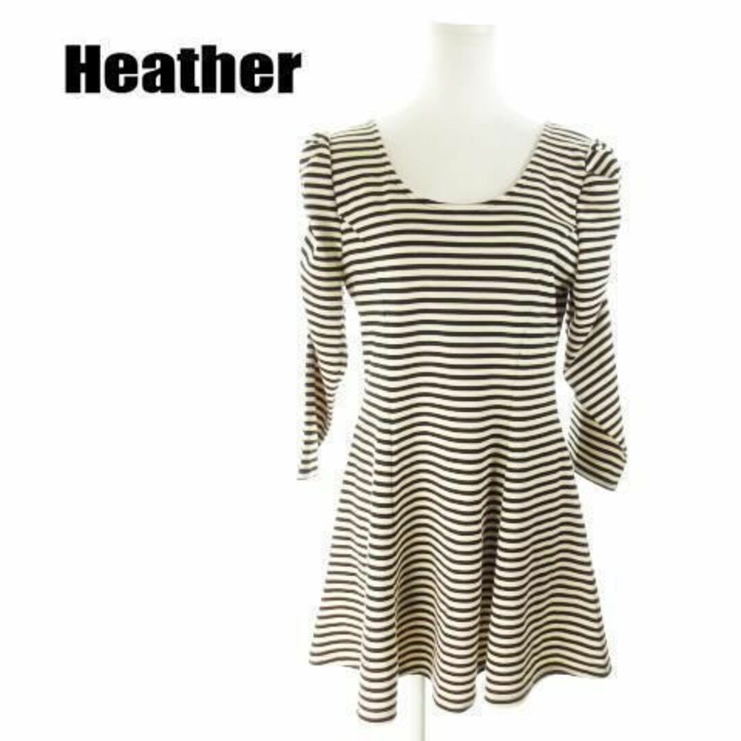 heather(ヘザー)のヘザー ミニワンピ 九分袖 レース ボーダー F ベージュ 210825MN5A レディースのワンピース(ミニワンピース)の商品写真