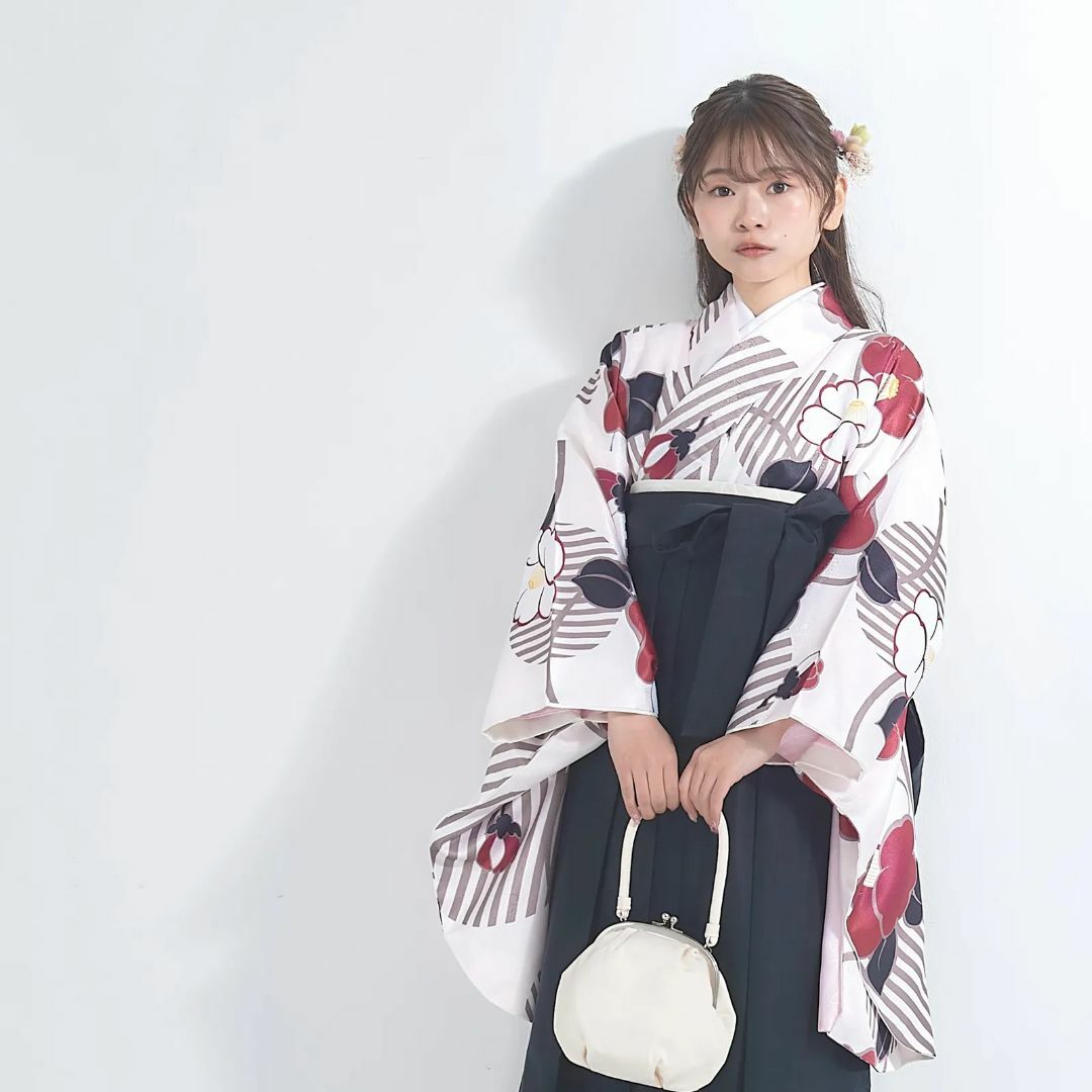 【新品・購入用】卒業式 袴セット 4点セット 二尺袖 白 黒 椿
