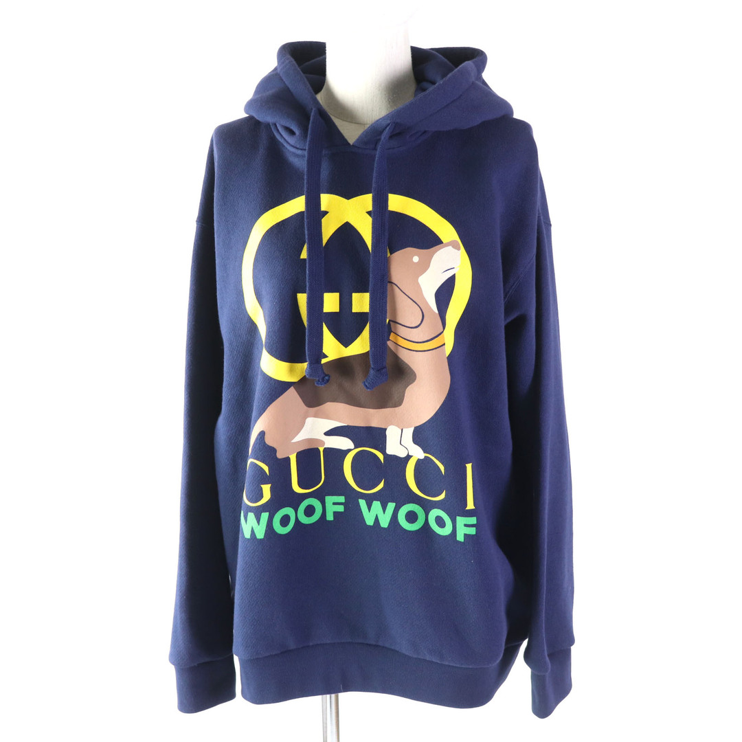 Gucci(グッチ)の極美品 GUCCI グッチ 23SS 717427 コットン100％ インターロッキングG WOOF WOOFプリント プルオーバーパーカー ネイビー XS イタリア製 正規品 レディース 定価148,500円 レディースのトップス(パーカー)の商品写真