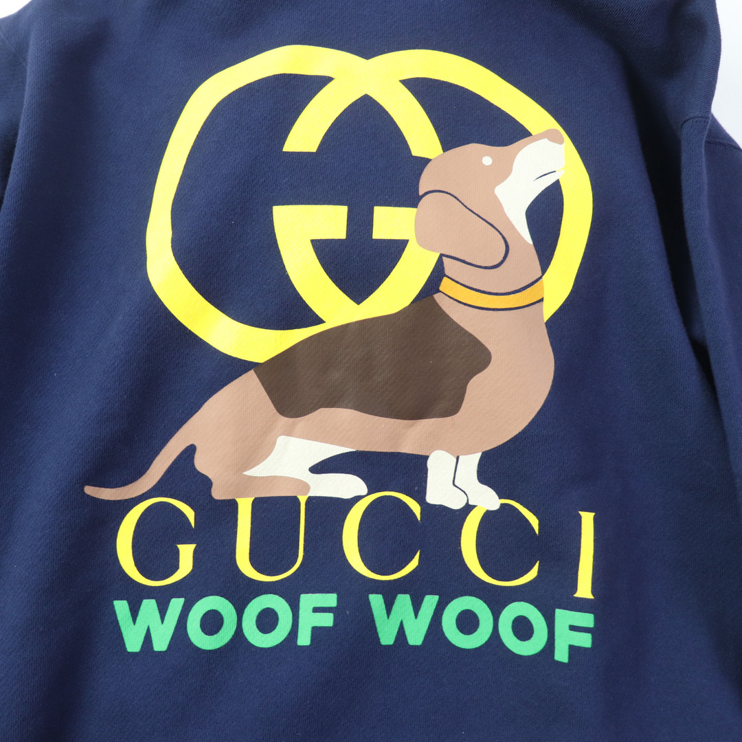 Gucci(グッチ)の極美品 GUCCI グッチ 23SS 717427 コットン100％ インターロッキングG WOOF WOOFプリント プルオーバーパーカー ネイビー XS イタリア製 正規品 レディース 定価148,500円 レディースのトップス(パーカー)の商品写真